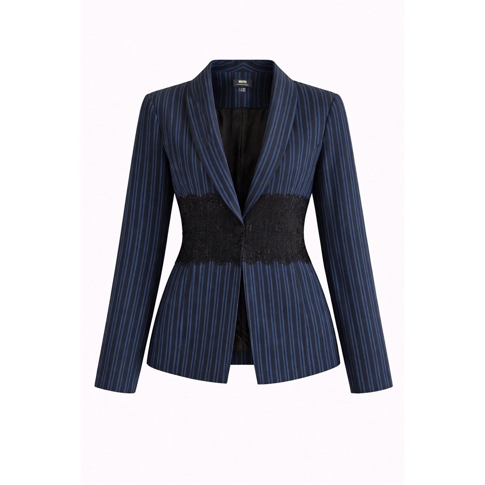 Maeve by Anthropologie Striped Black Blue Lace Trim Blazer Jacket Womens‎ Size 4